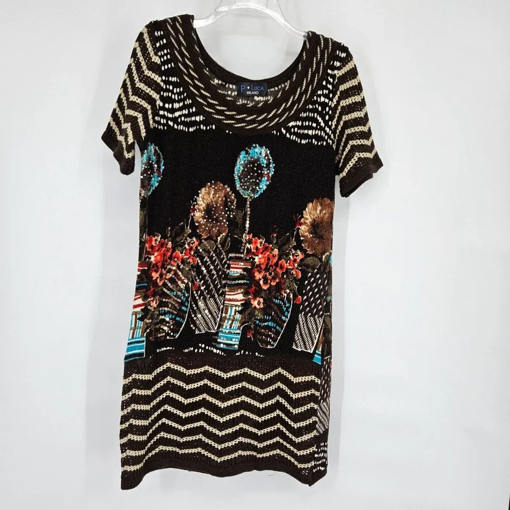 P. Luca Milano Midi Knit Dress Medium Brown Floral Sequin Bling Short Sleeve - Picture 2 of 11
